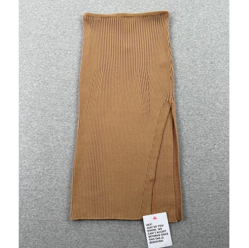 Topshop Skirt Womens S (4-6) Brown Tan Ribbed Midi Bodycon High Waist Slit